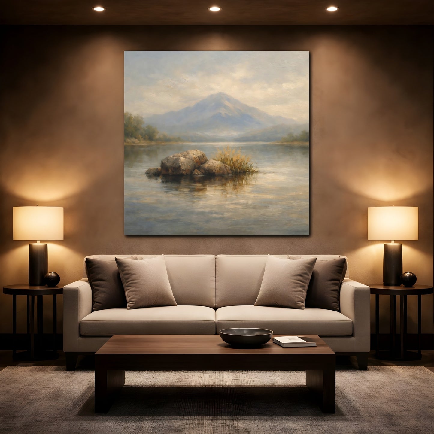 Mockup 2. Nature Misty Lake Misty Landscape shown as stretched canvas wall art