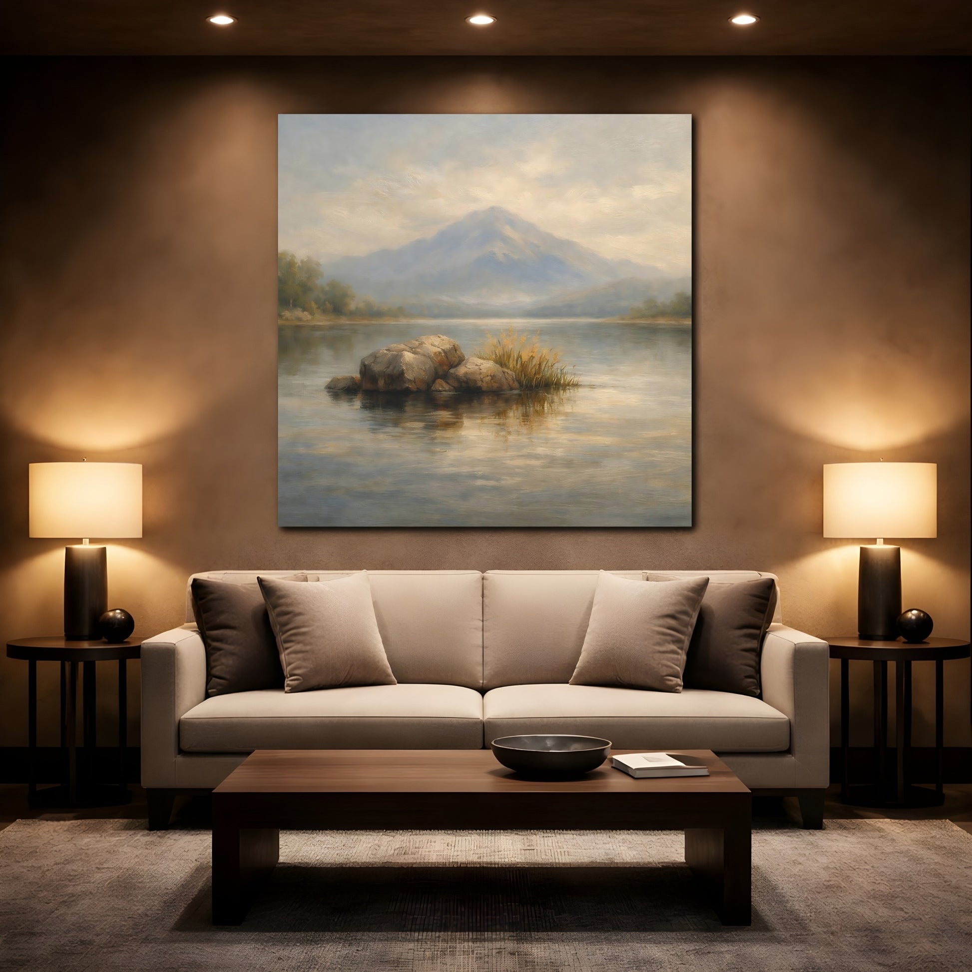 Mockup 2. Nature Misty Lake Misty Landscape shown as stretched canvas wall art