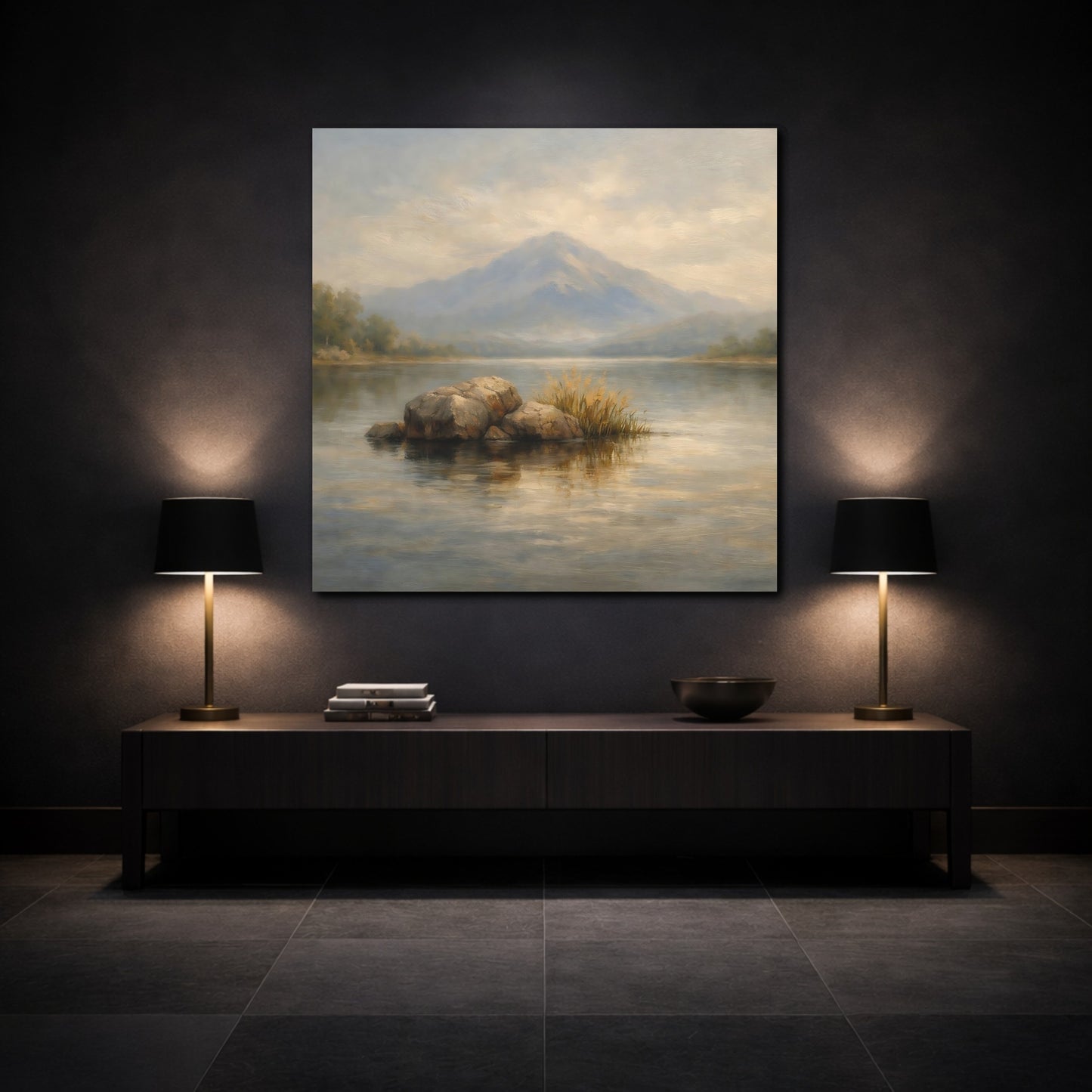 Mockup 3. Nature Misty Lake Misty Landscape shown as stretched canvas wall art