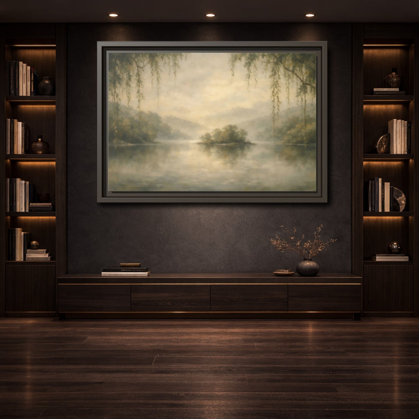 Mockup 3. Nature Misty Lake Misty Landscape shown as stretched canvas wall art