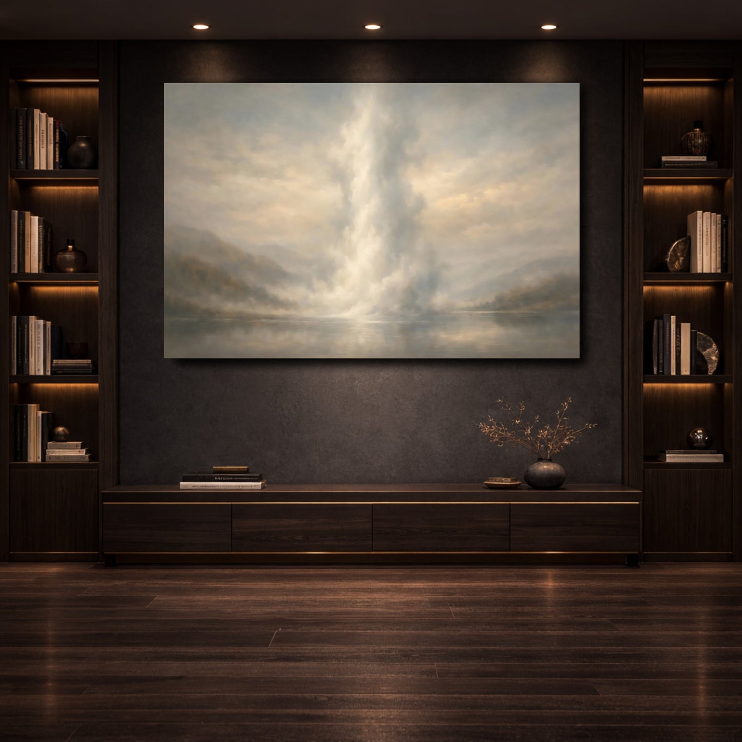 Mockup 3. Nature Misty Lake Misty Landscape shown as stretched canvas wall art