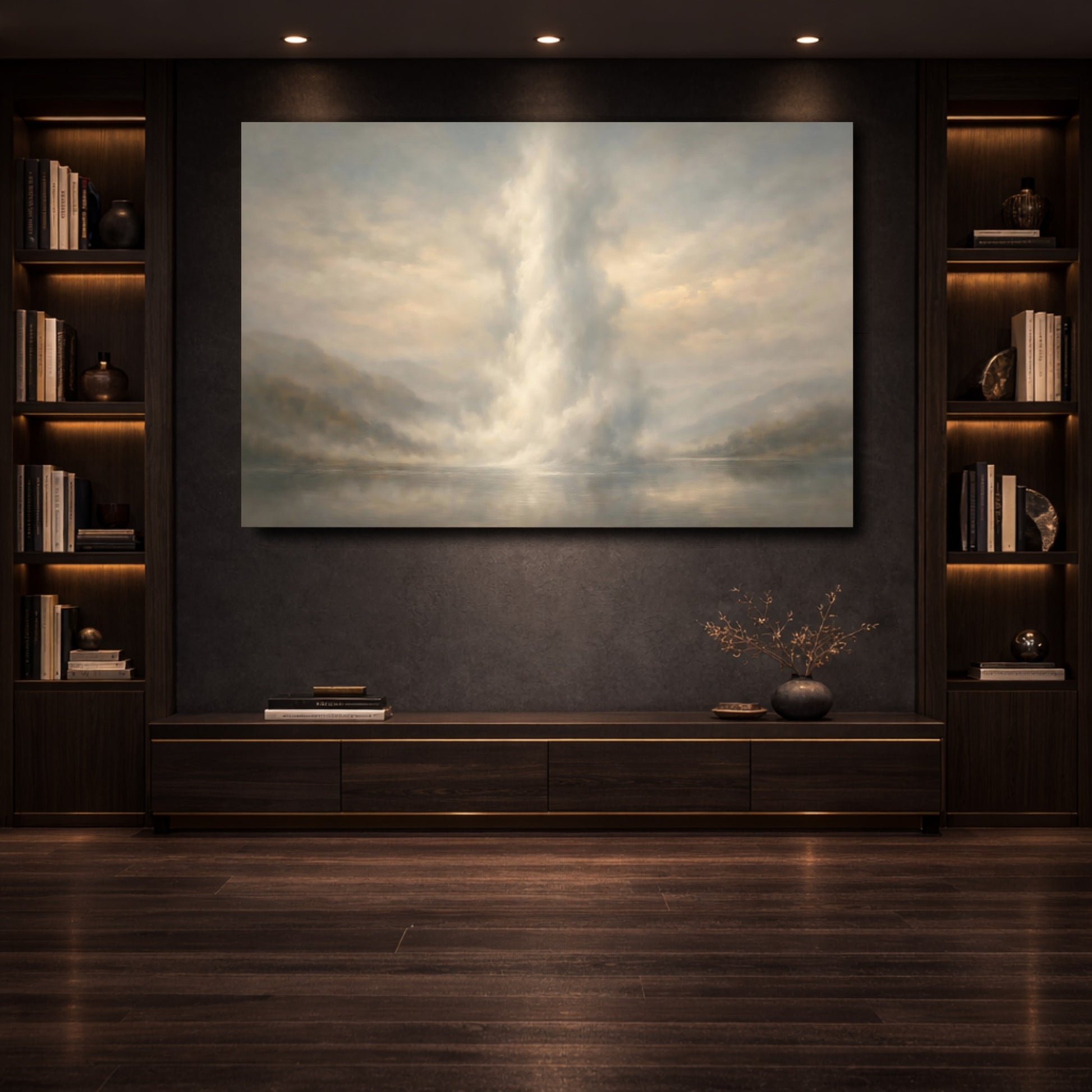 Mockup 3. Nature Misty Lake Misty Landscape shown as stretched canvas wall art
