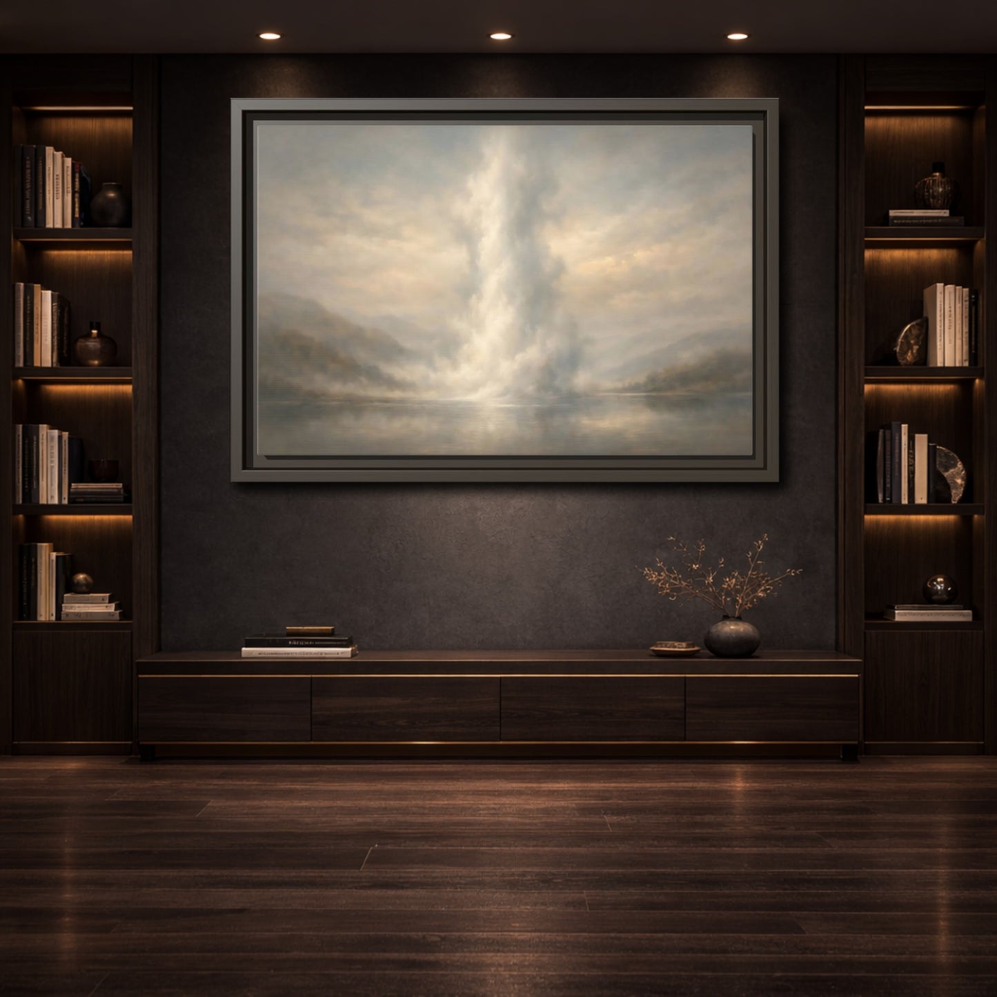 Mockup 3. Nature Misty Lake Misty Landscape shown as stretched canvas wall art