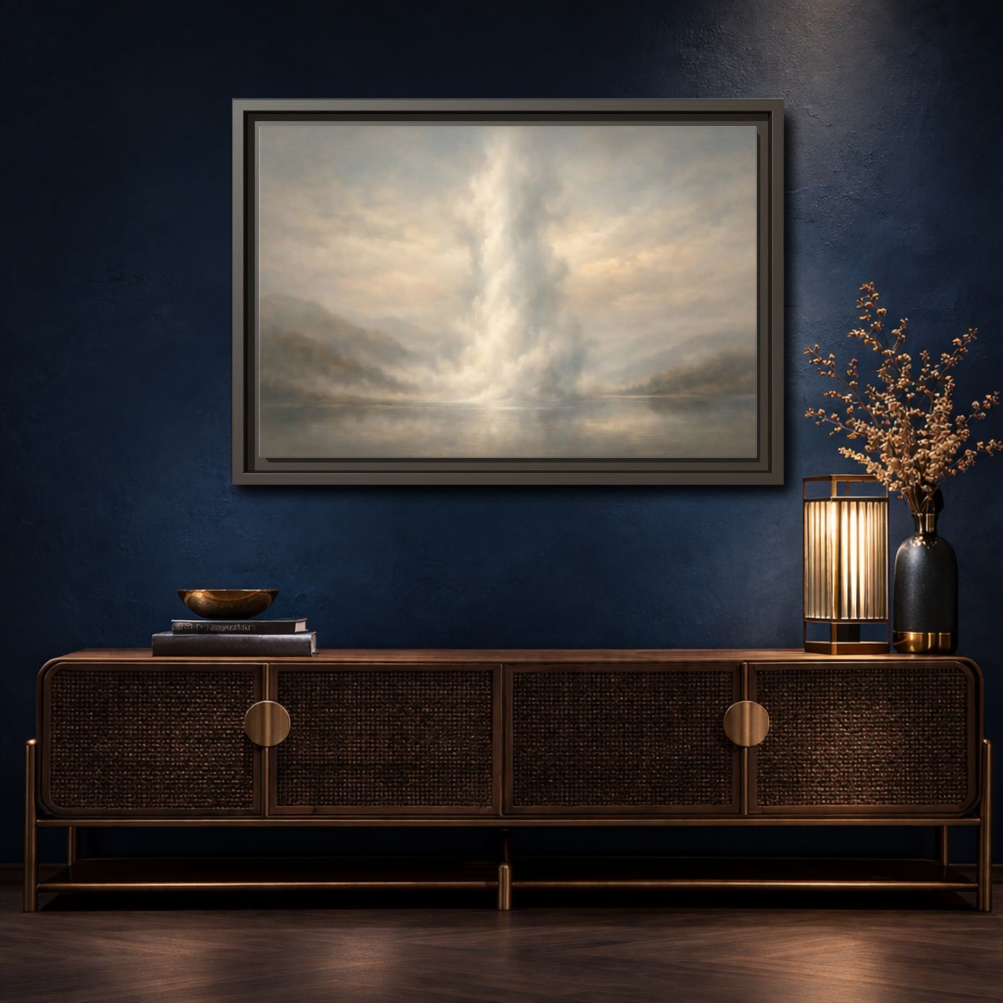 Mockup 4. Nature Misty Lake Misty Landscape shown as stretched canvas wall art