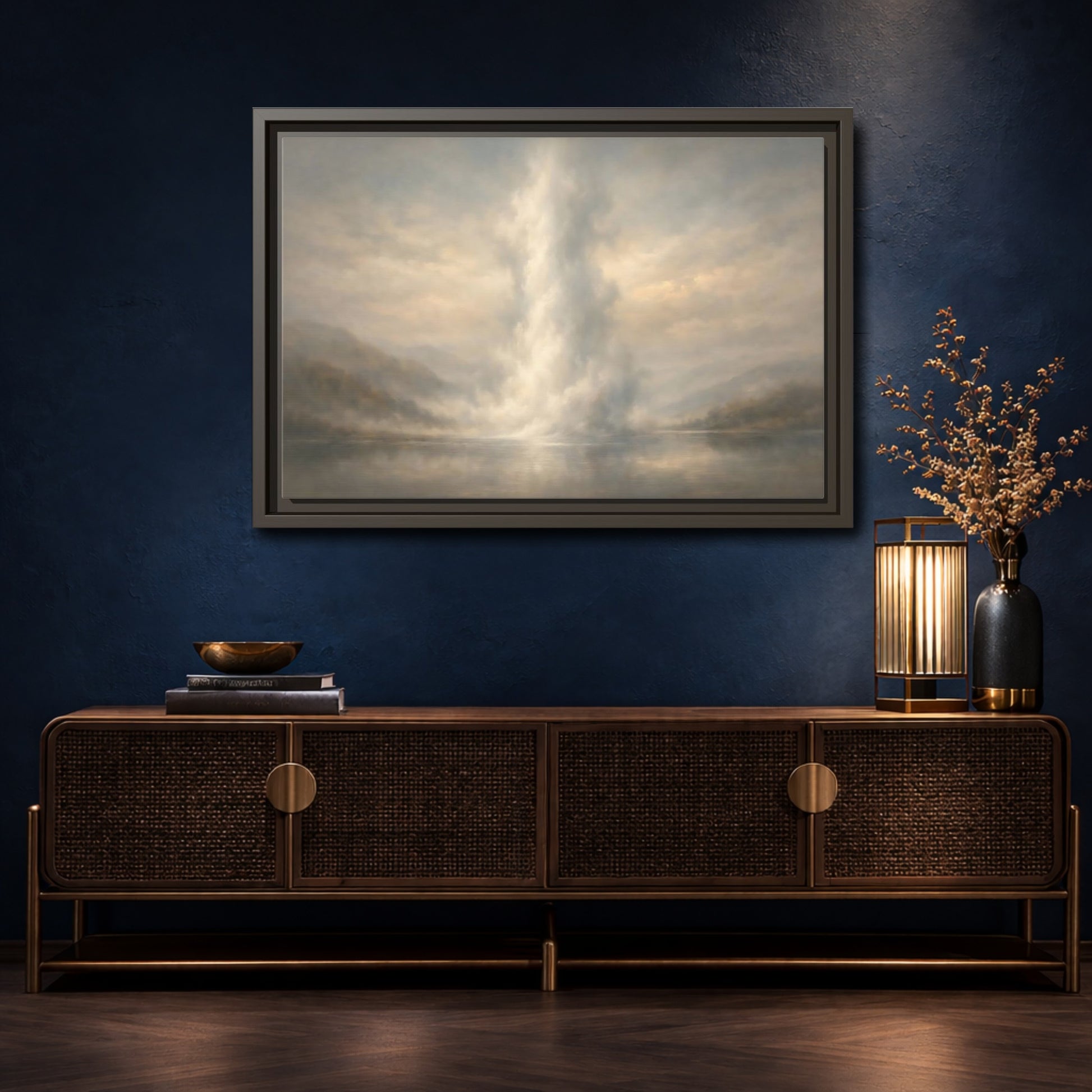 Mockup 4. Nature Misty Lake Misty Landscape shown as stretched canvas wall art