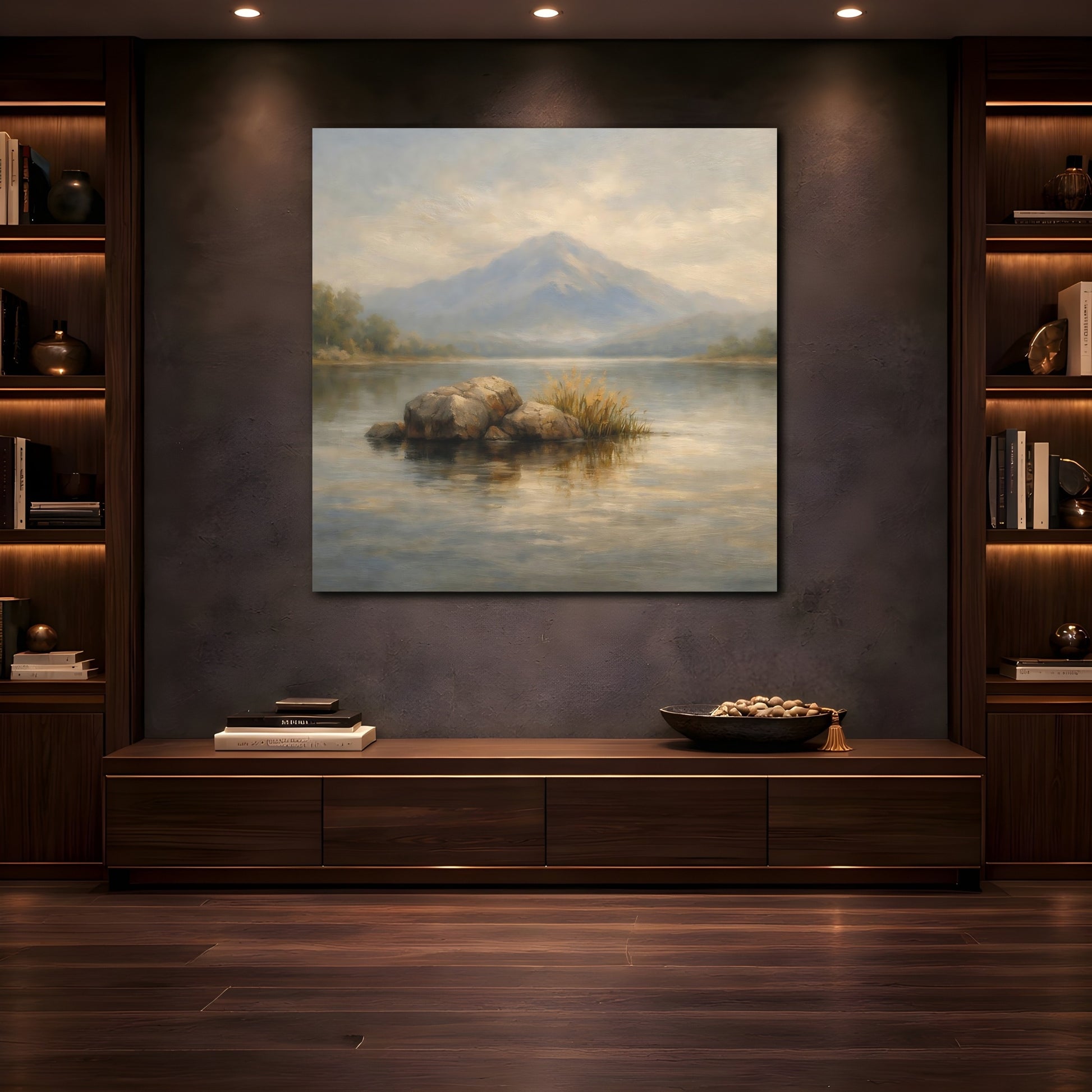 Mockup 4. Nature Misty Lake Misty Landscape shown as stretched canvas wall art
