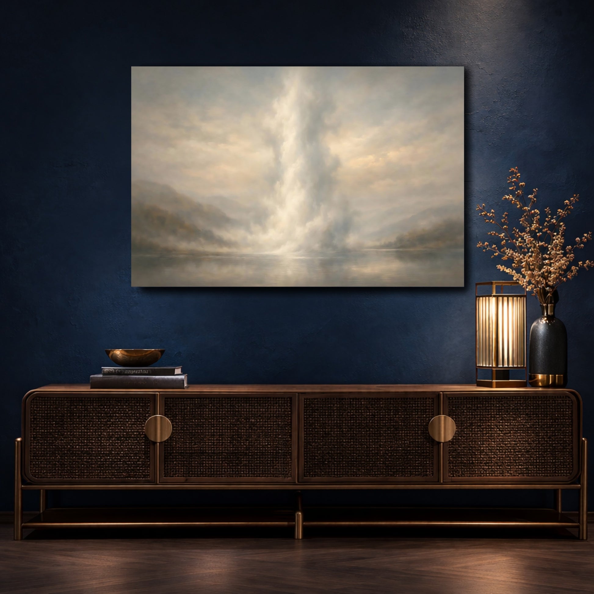 Mockup 4. Nature Misty Lake Misty Landscape shown as stretched canvas wall art