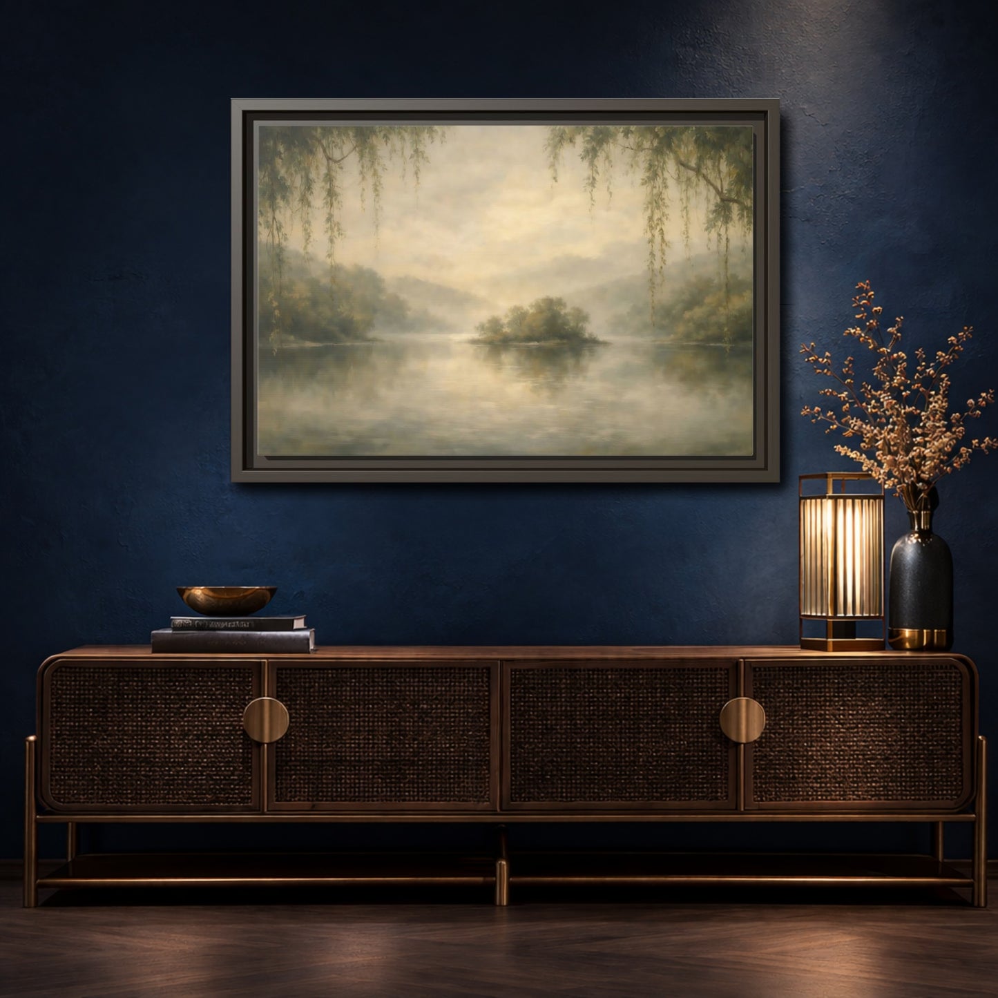 Mockup 4. Nature Misty Lake Misty Landscape shown as stretched canvas wall art