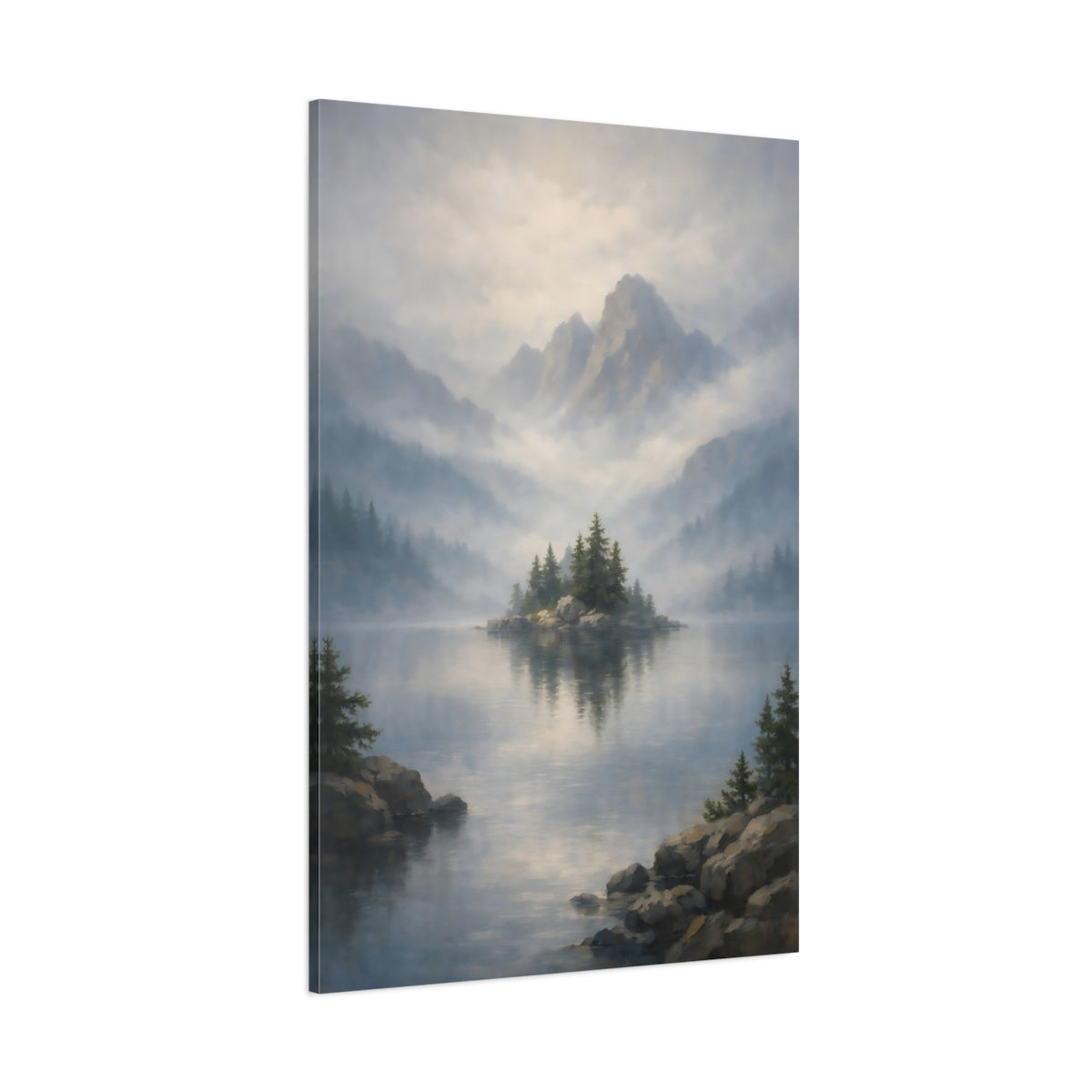 Main Mockup. Nature Misty Lake Misty Mountain Lake shown as stretched canvas wall art