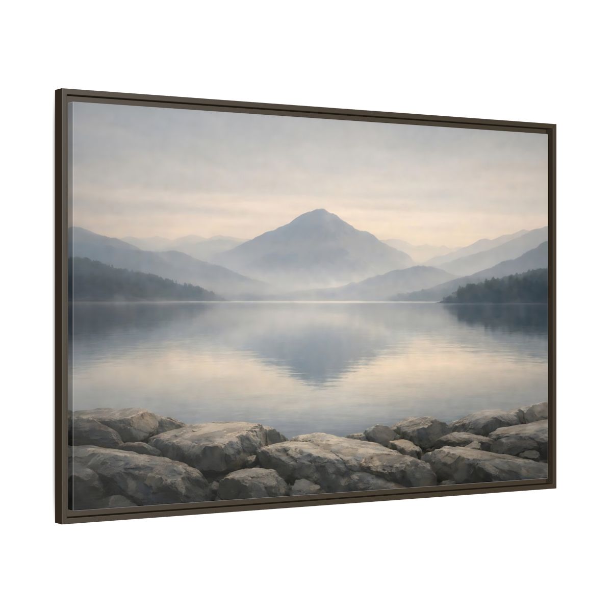 Main Mockup. Nature Misty Lake Misty Mountain Lake shown as stretched canvas wall art