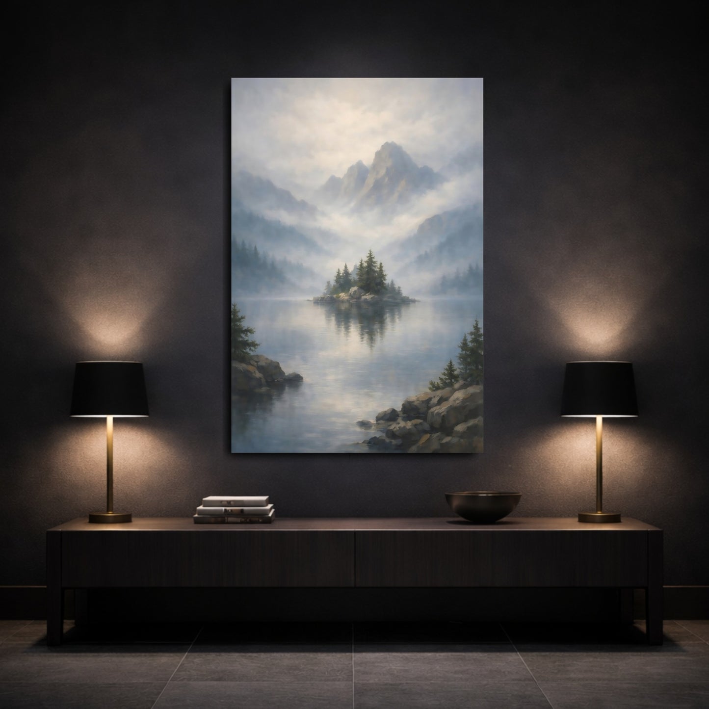 Mockup 2. Nature Misty Lake Misty Mountain Lake shown as stretched canvas wall art