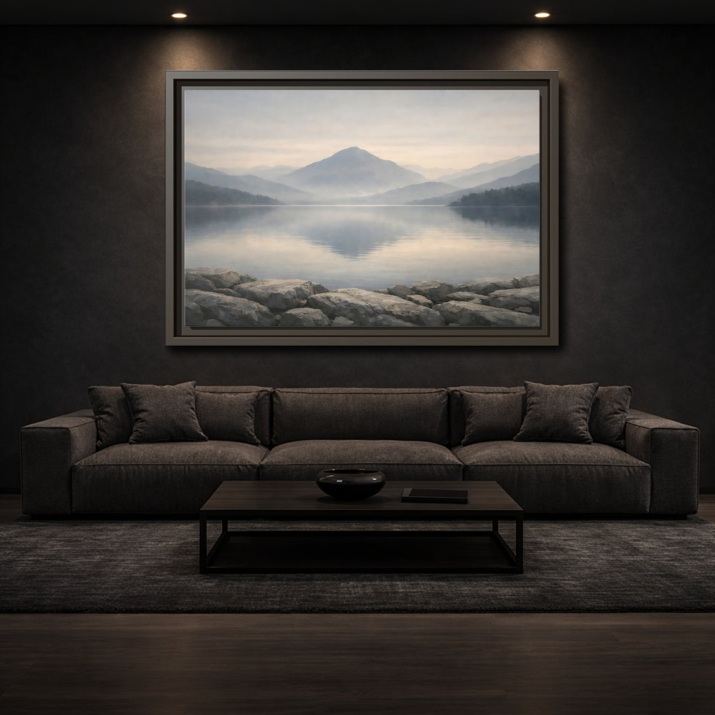 Mockup 2. Nature Misty Lake Misty Mountain Lake shown as stretched canvas wall art