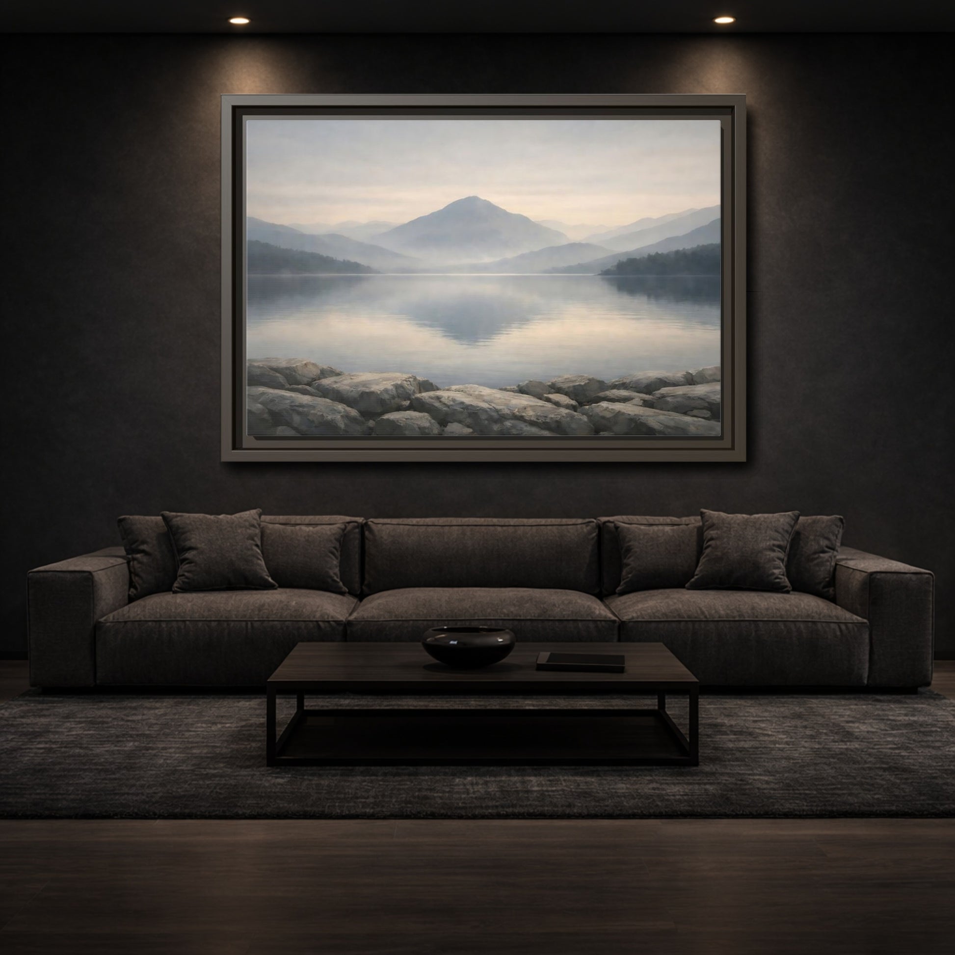 Mockup 2. Nature Misty Lake Misty Mountain Lake shown as stretched canvas wall art