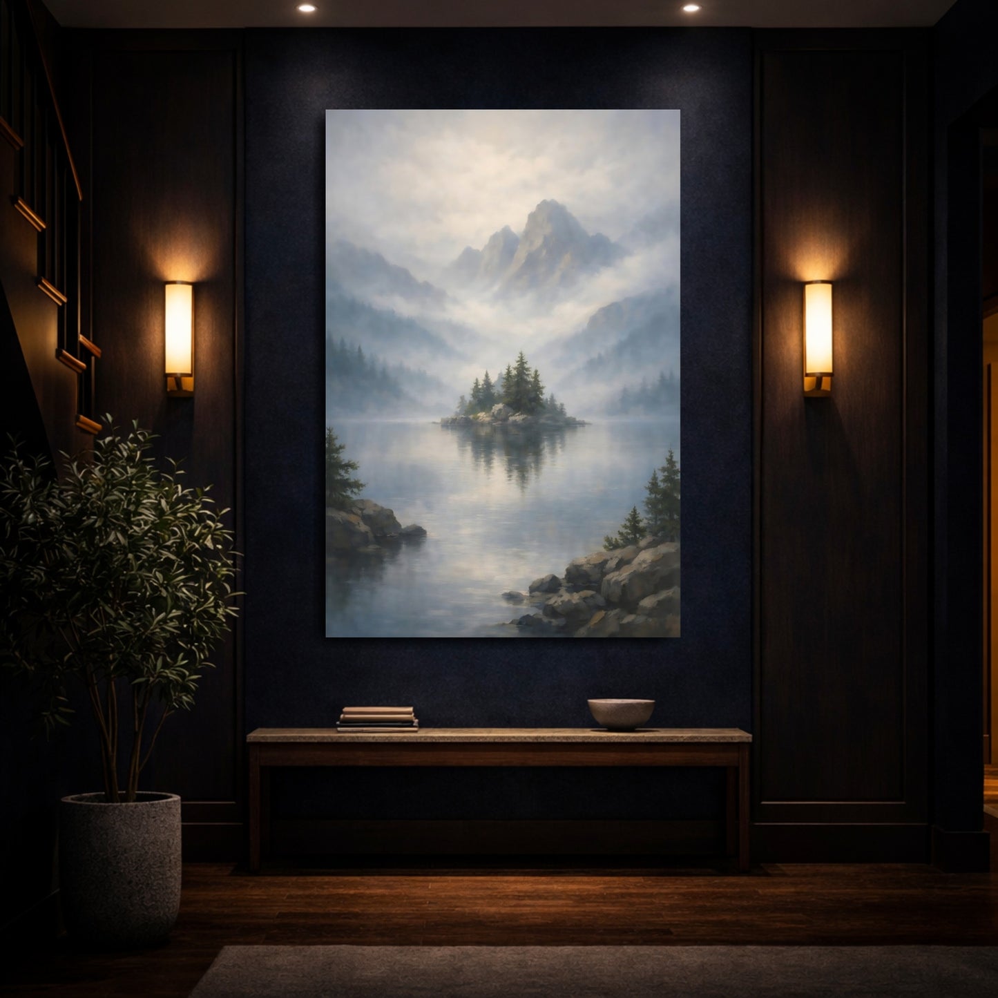 Mockup 3. Nature Misty Lake Misty Mountain Lake shown as stretched canvas wall art