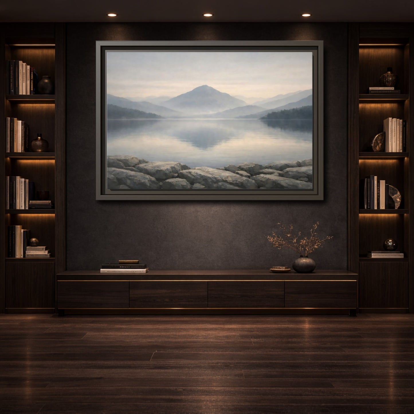 Mockup 3. Nature Misty Lake Misty Mountain Lake shown as stretched canvas wall art