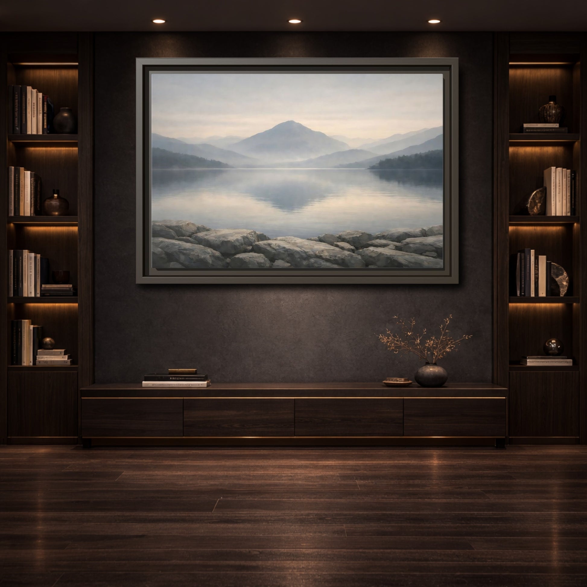 Mockup 3. Nature Misty Lake Misty Mountain Lake shown as stretched canvas wall art