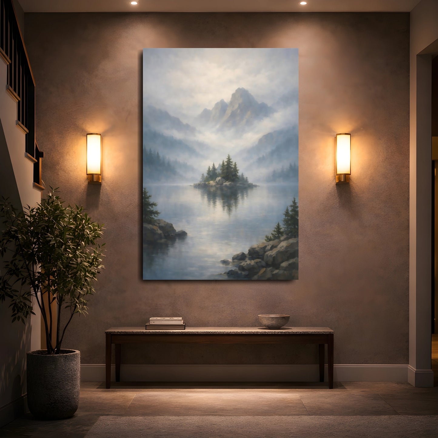 Mockup 4. Nature Misty Lake Misty Mountain Lake shown as stretched canvas wall art