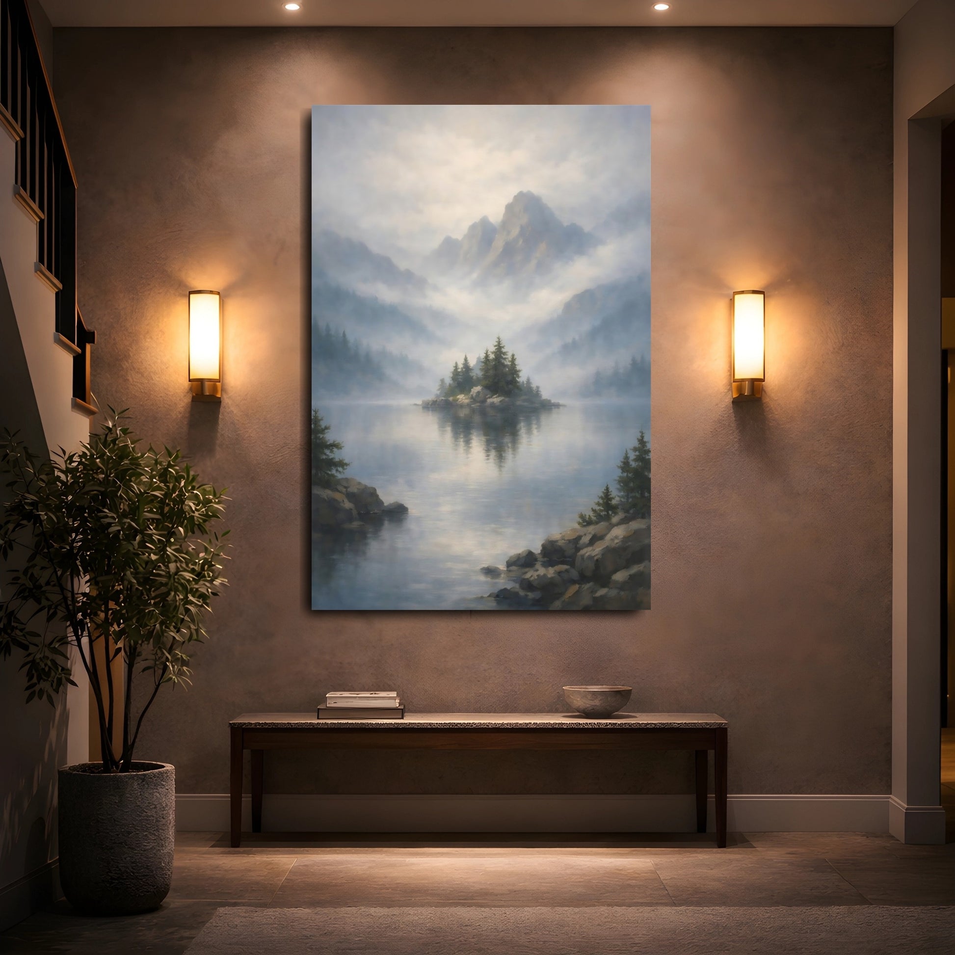 Mockup 4. Nature Misty Lake Misty Mountain Lake shown as stretched canvas wall art