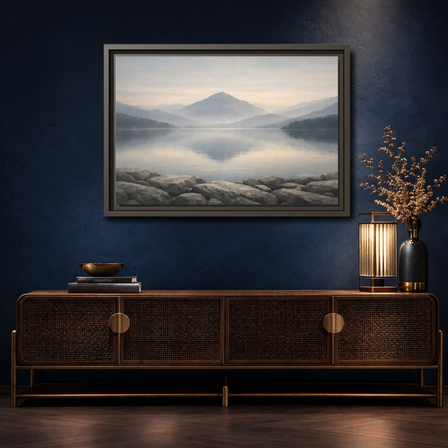 Mockup 4. Nature Misty Lake Misty Mountain Lake shown as stretched canvas wall art