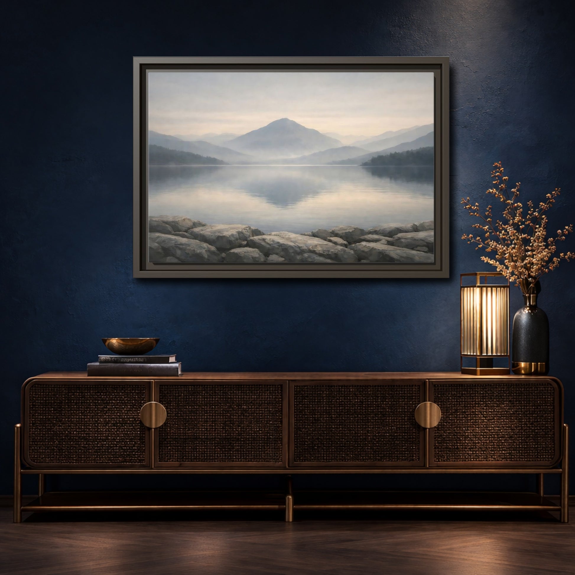 Mockup 4. Nature Misty Lake Misty Mountain Lake shown as stretched canvas wall art