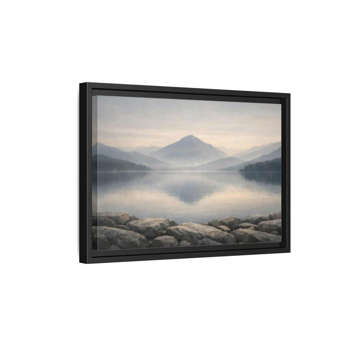 Side Mockup 6. Nature Misty Lake Misty Mountain Lake shown as stretched canvas wall art