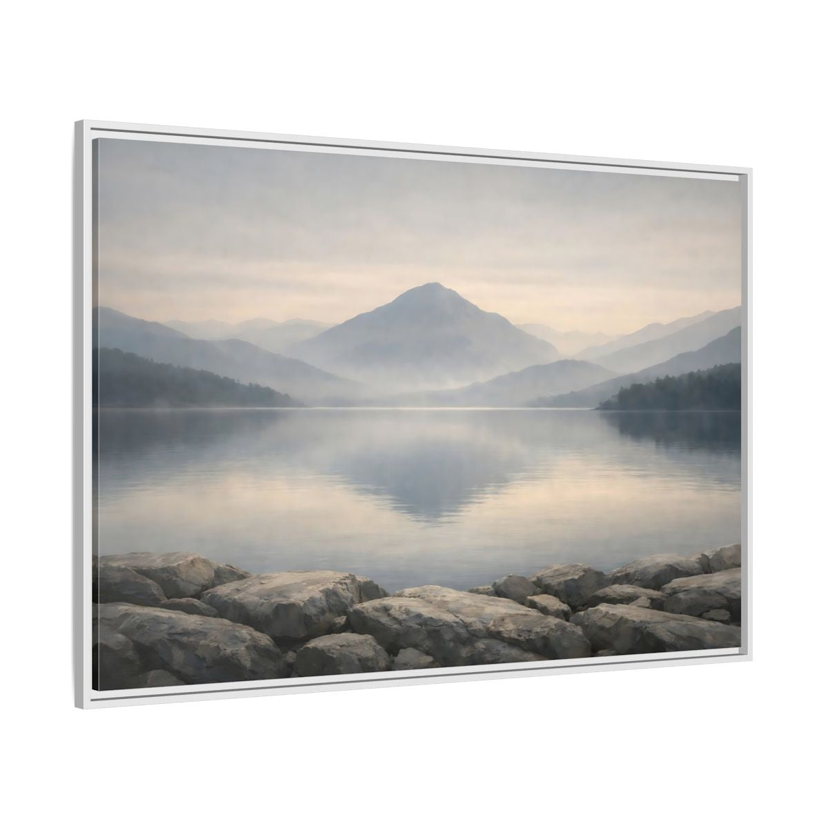 Side Mockup 7. Nature Misty Lake Misty Mountain Lake shown as stretched canvas wall art