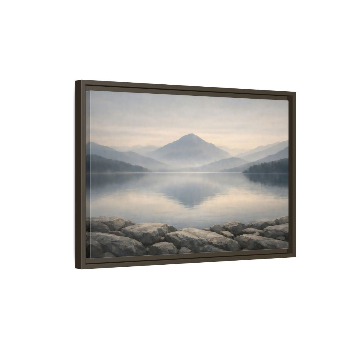 Side Mockup 2. Nature Misty Lake Misty Mountain Lake shown as stretched canvas wall art