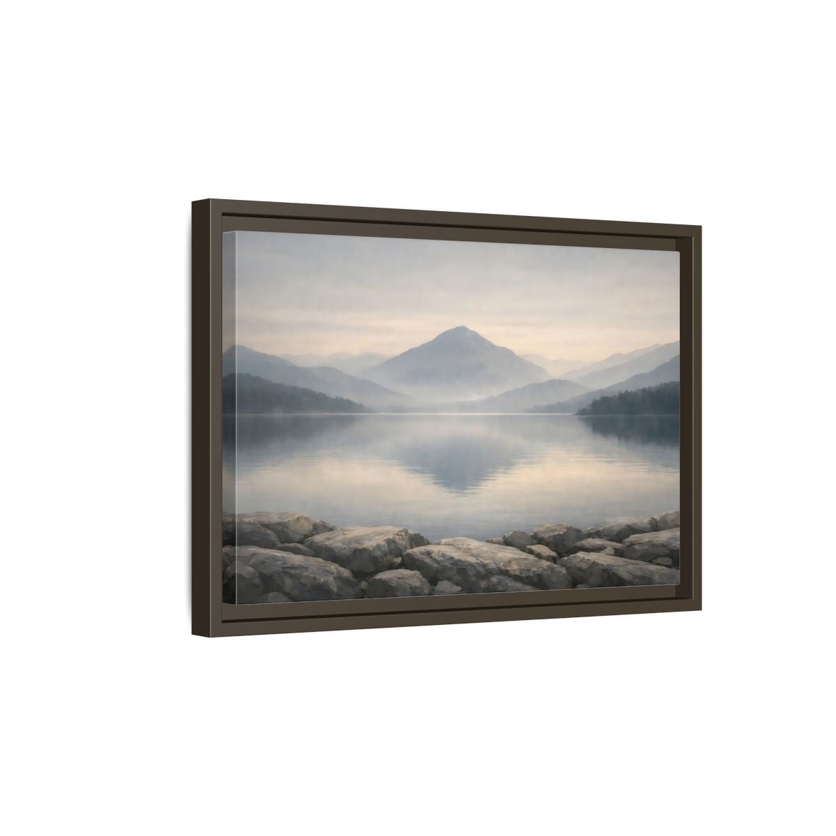 Side Mockup 5. Nature Misty Lake Misty Mountain Lake shown as stretched canvas wall art