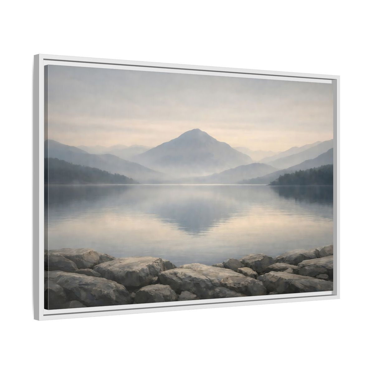 Side Mockup 8. Nature Misty Lake Misty Mountain Lake shown as stretched canvas wall art