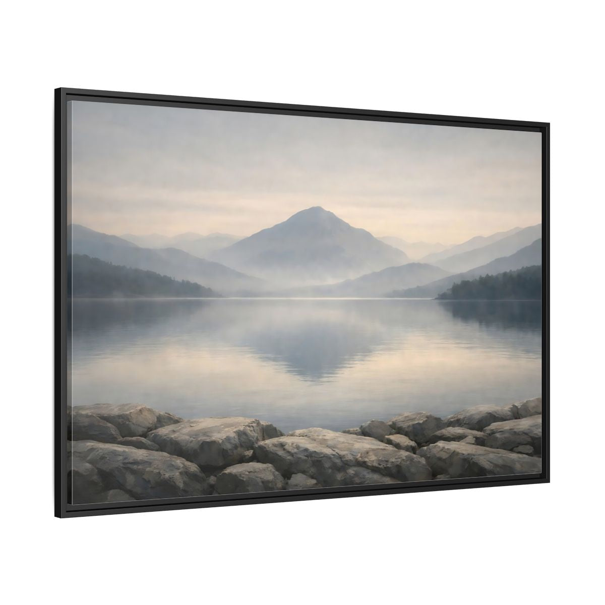 Side Mockup 12. Nature Misty Lake Misty Mountain Lake shown as stretched canvas wall art