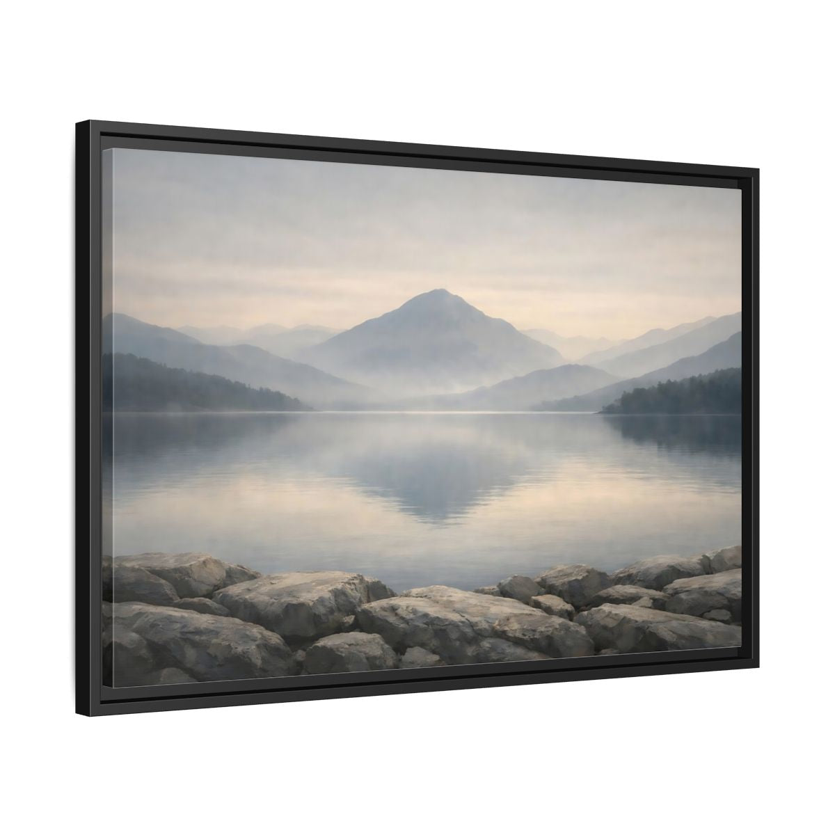 Side Mockup 14. Nature Misty Lake Misty Mountain Lake shown as stretched canvas wall art