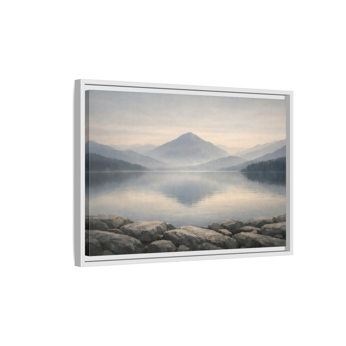 Side Mockup 1. Nature Misty Lake Misty Mountain Lake shown as stretched canvas wall art