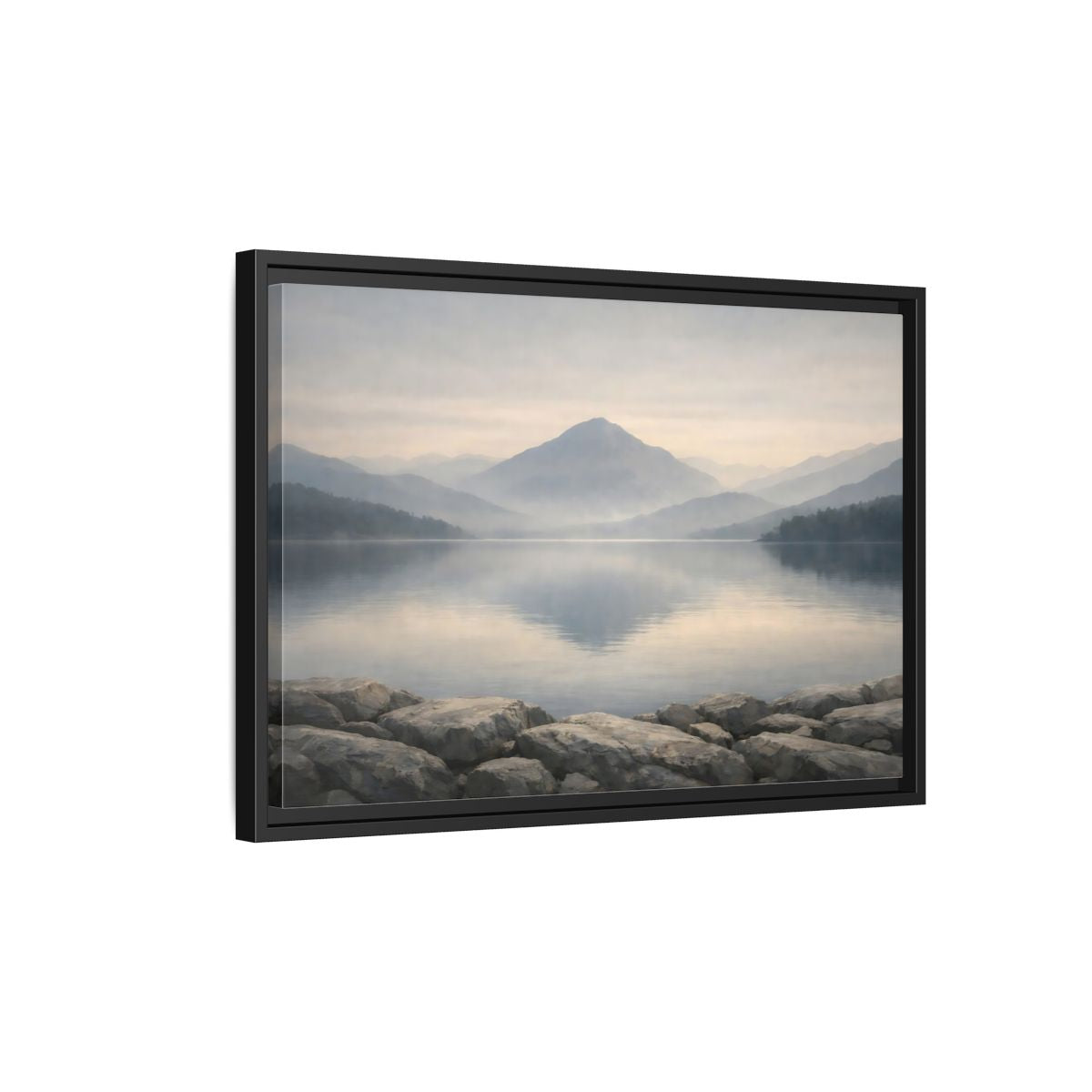 Side Mockup 3. Nature Misty Lake Misty Mountain Lake shown as stretched canvas wall art