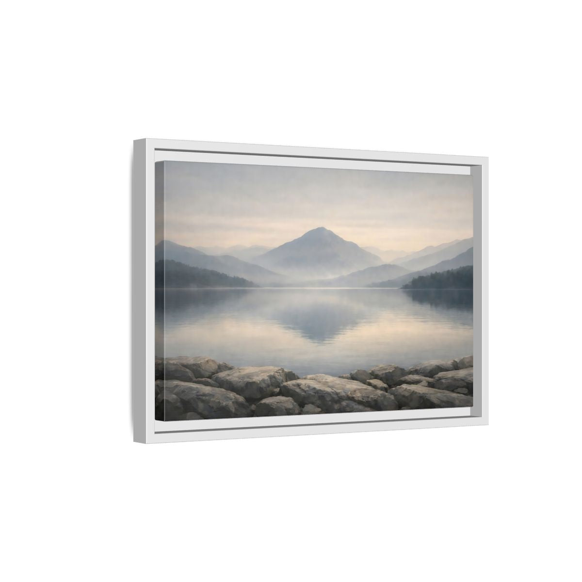 Side Mockup 4. Nature Misty Lake Misty Mountain Lake shown as stretched canvas wall art