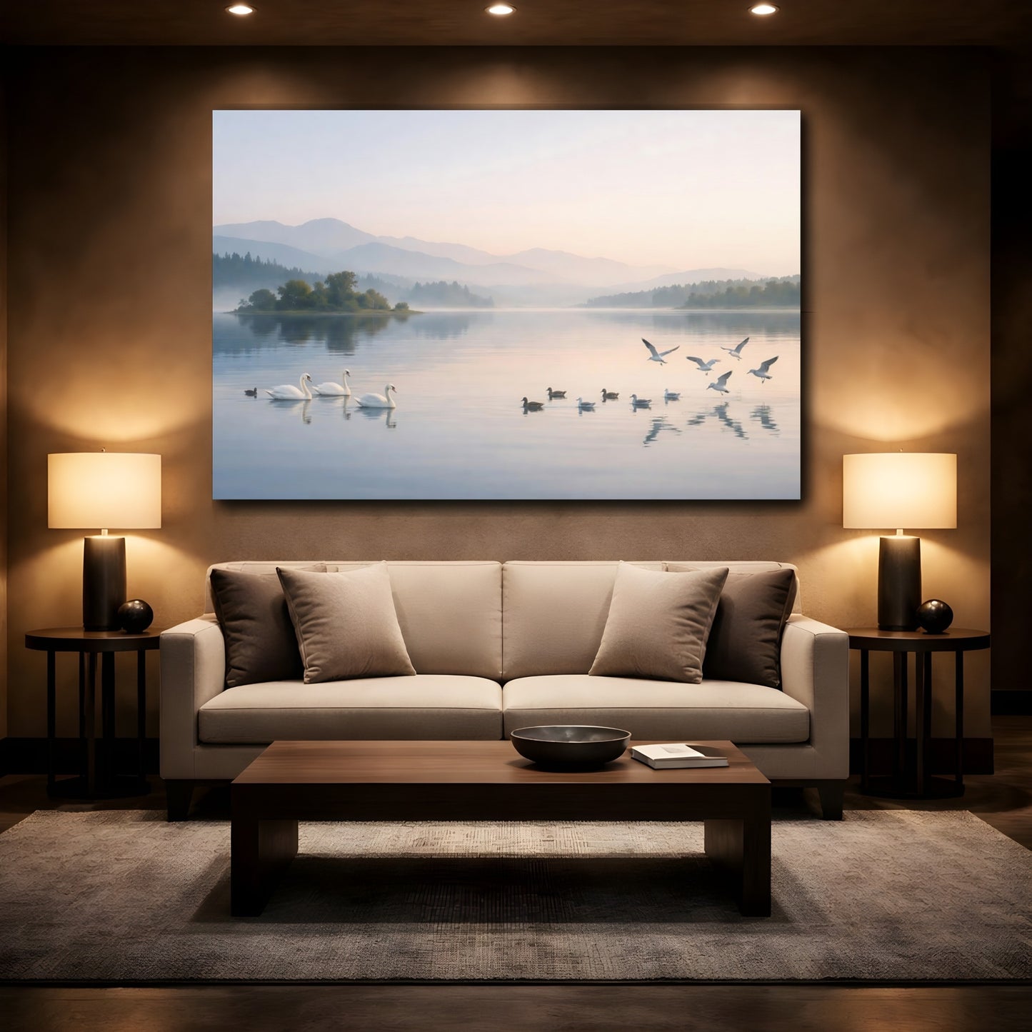 Mockup 2. Nature Misty Lake Pastel Lake Scene shown as stretched canvas wall art