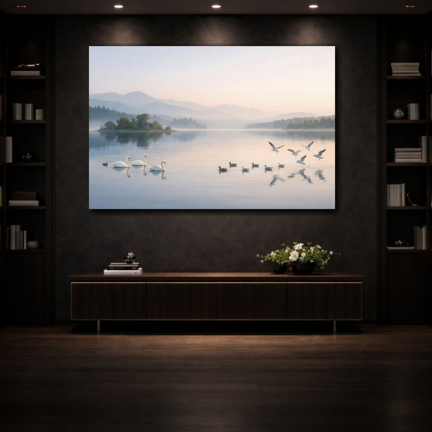 Mockup 3. Nature Misty Lake Pastel Lake Scene shown as stretched canvas wall art