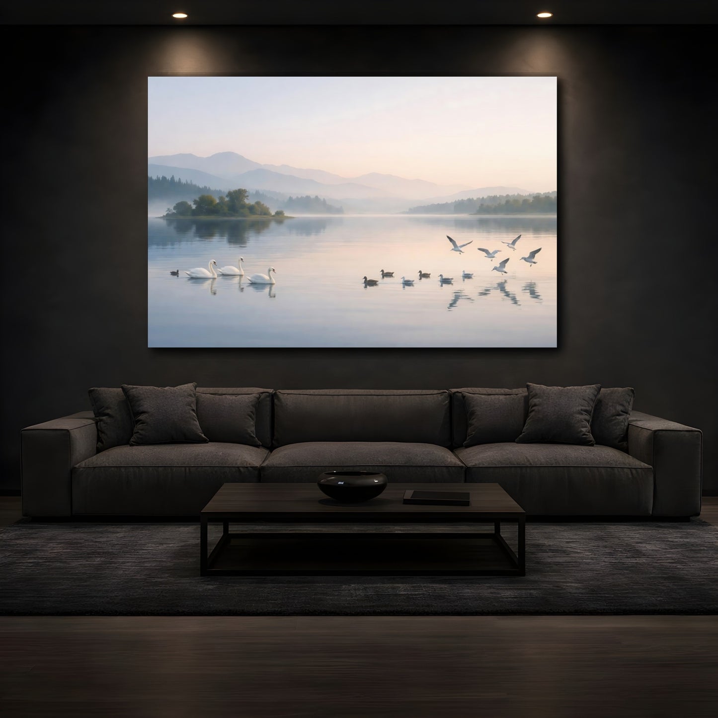 Mockup 4. Nature Misty Lake Pastel Lake Scene shown as stretched canvas wall art