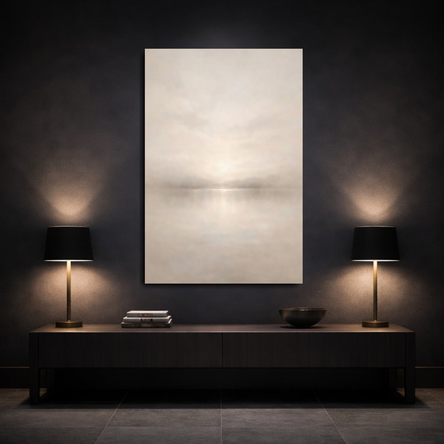Mockup 2. Nature Misty Lake Soft Beige shown as stretched canvas wall art