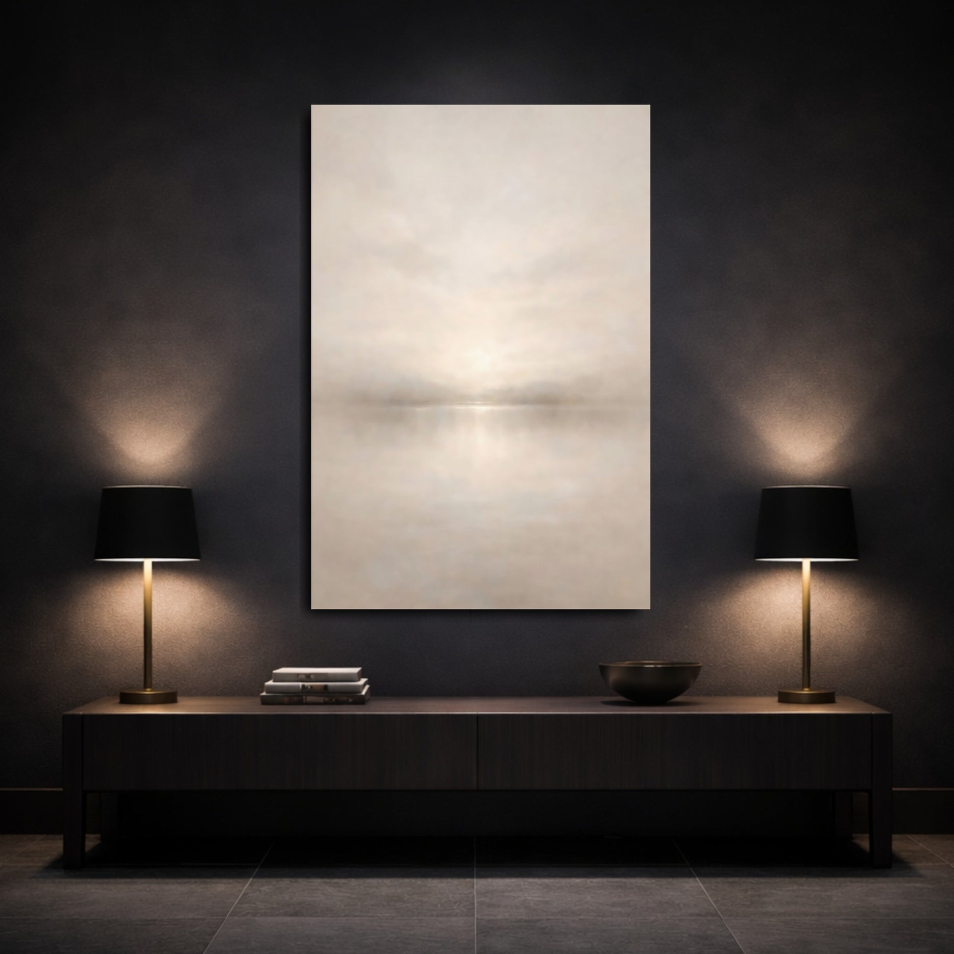 Mockup 2. Nature Misty Lake Soft Beige shown as stretched canvas wall art