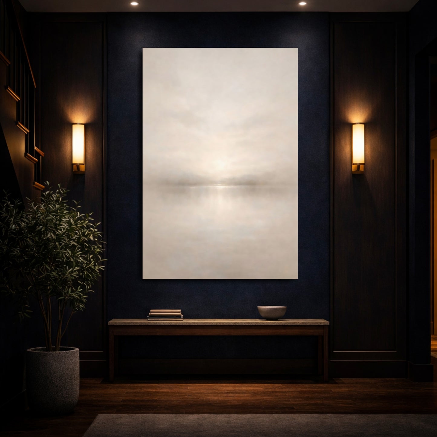 Mockup 3. Nature Misty Lake Soft Beige shown as stretched canvas wall art