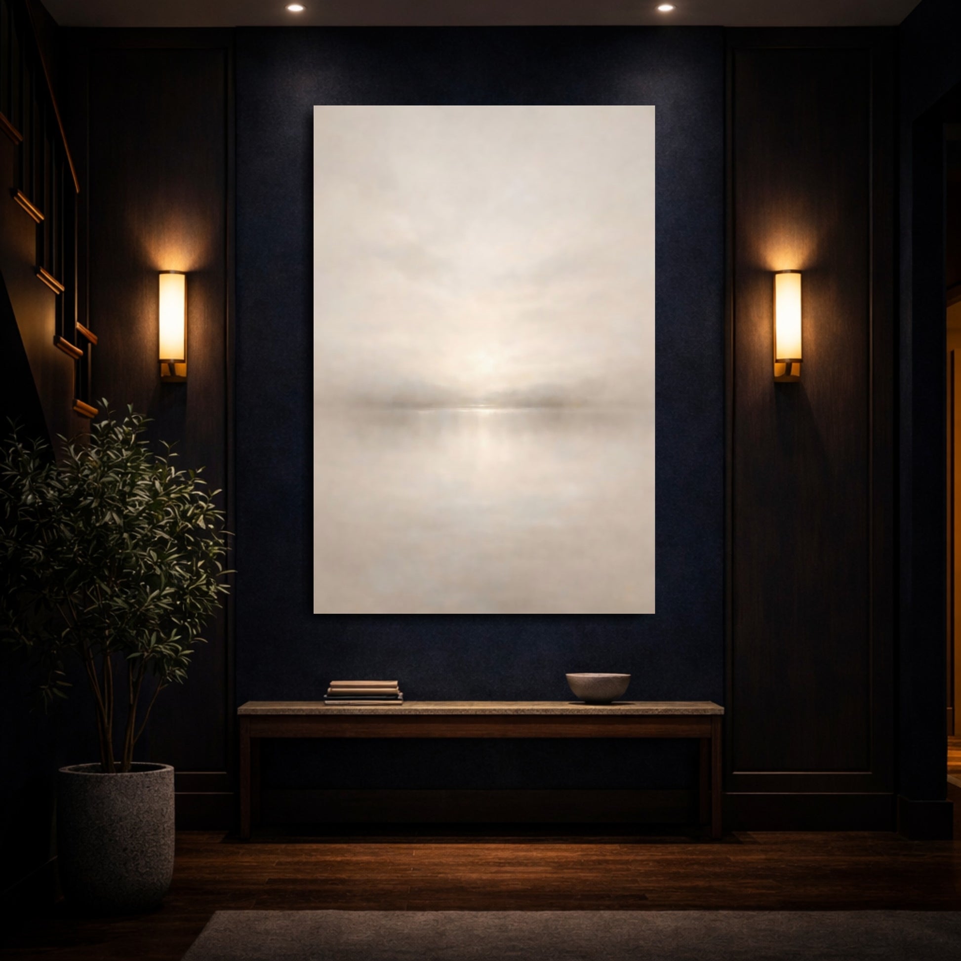 Mockup 3. Nature Misty Lake Soft Beige shown as stretched canvas wall art