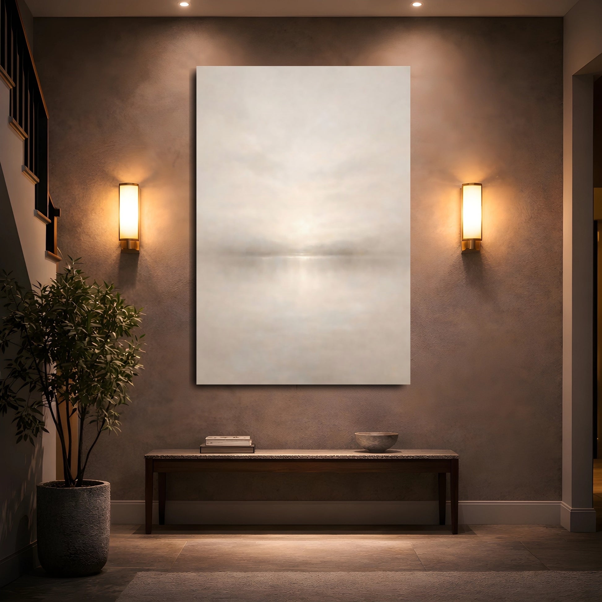 Mockup 4. Nature Misty Lake Soft Beige shown as stretched canvas wall art