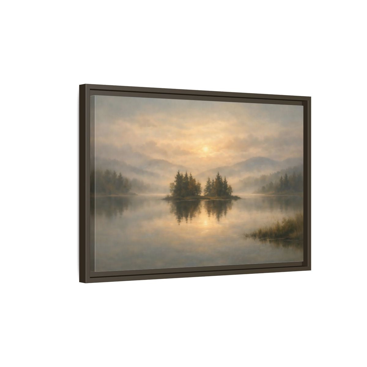 Side Mockup 2. Nature Misty Lake Misty Lake Sunrise shown as stretched canvas wall art