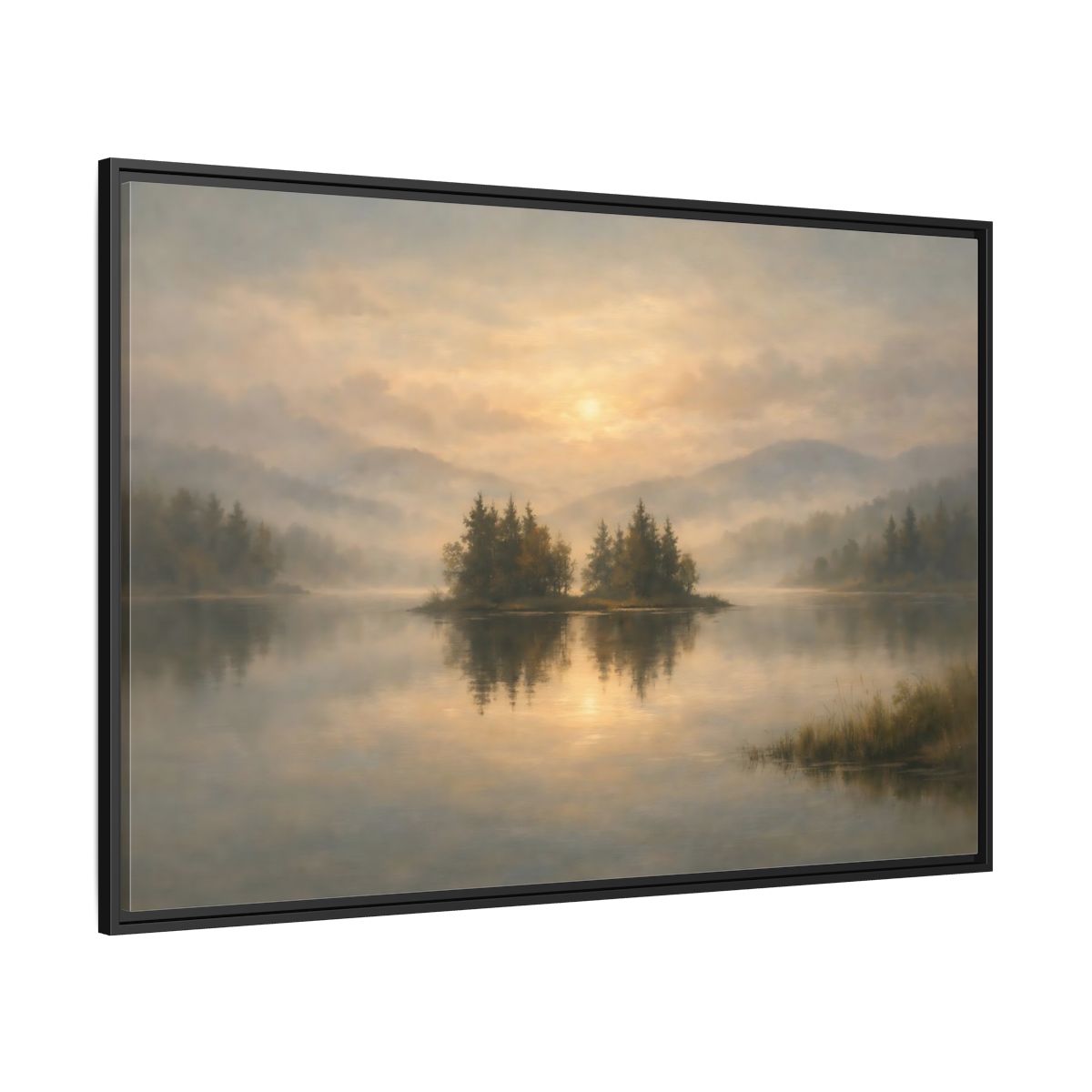 Side Mockup 12. Nature Misty Lake Misty Lake Sunrise shown as stretched canvas wall art
