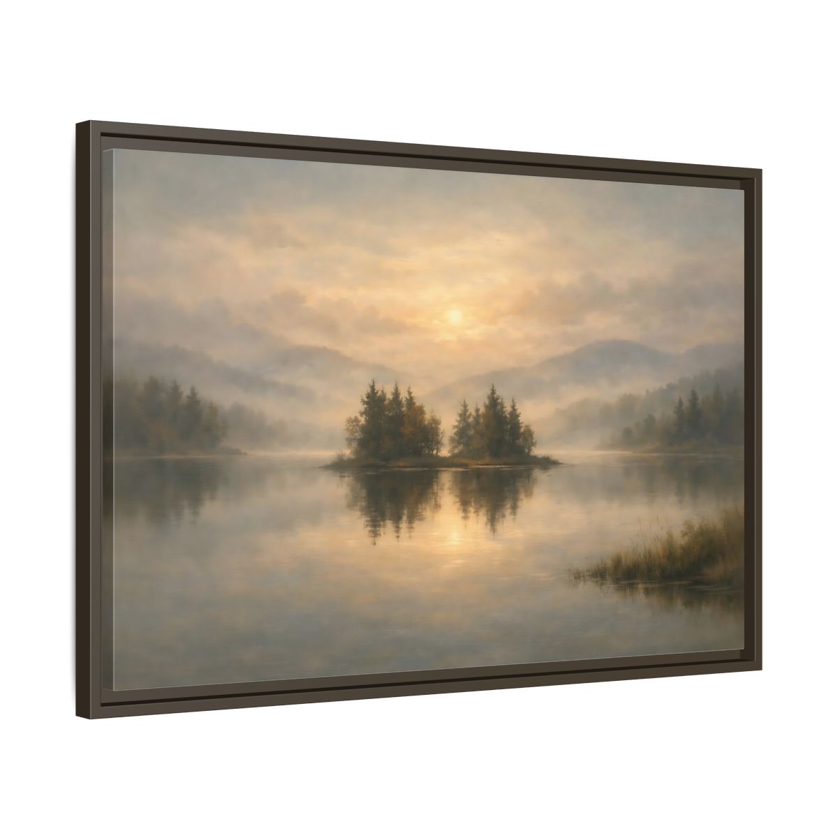 Side Mockup 11. Nature Misty Lake Misty Lake Sunrise shown as stretched canvas wall art