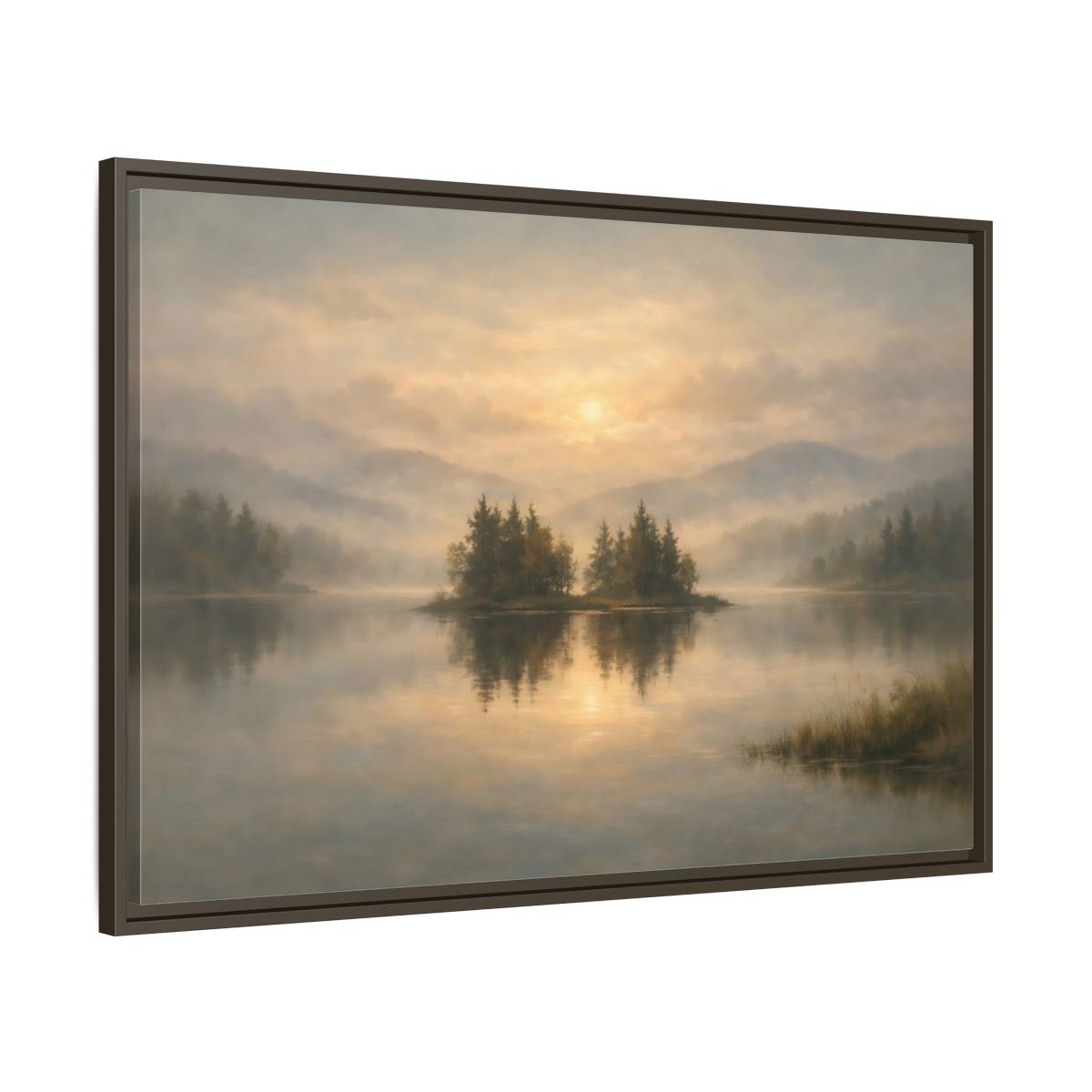 Side Mockup 9. Nature Misty Lake Misty Lake Sunrise shown as stretched canvas wall art
