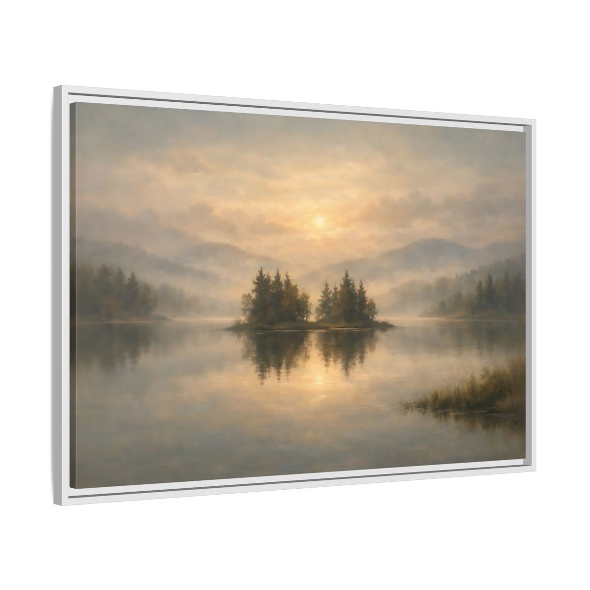 Side Mockup 8. Nature Misty Lake Misty Lake Sunrise shown as stretched canvas wall art