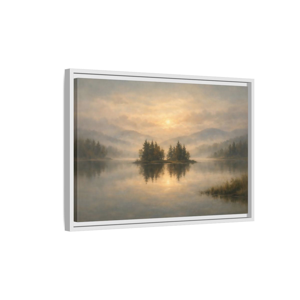 Side Mockup 1. Nature Misty Lake Misty Lake Sunrise shown as stretched canvas wall art