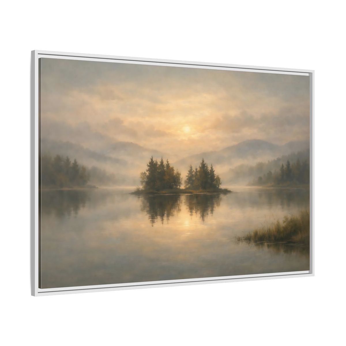 Side Mockup 7. Nature Misty Lake Misty Lake Sunrise shown as stretched canvas wall art