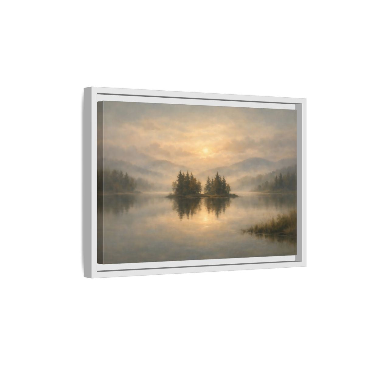 Side Mockup 4. Nature Misty Lake Misty Lake Sunrise shown as stretched canvas wall art